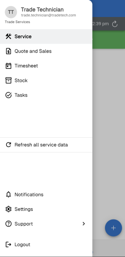 A screenshot of the menu opened in the Service module.